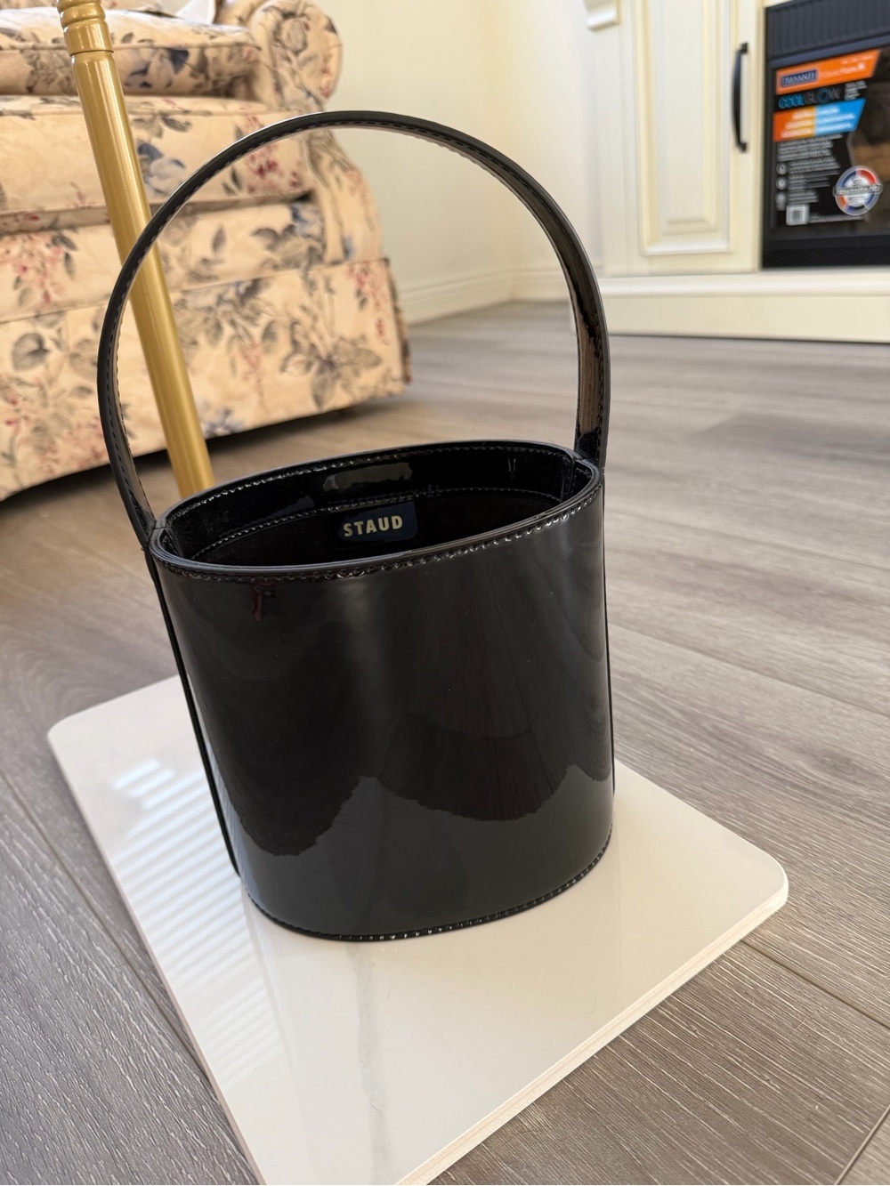 STAUD Black Patent Mini Bucket Bag with Top Handle